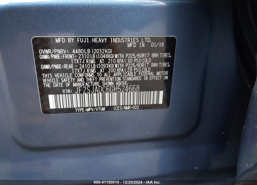 2016 SUBARU FORESTER 2.5I PREMIUM VIN: JF2SJADC6GH524668
