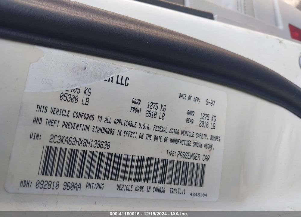 2008 CHRYSLER 300C VIN: 2C3KA63HX8H139638