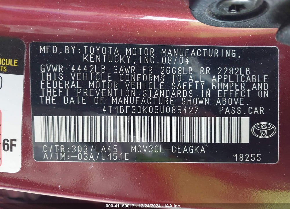 2005 TOYOTA CAMRY XLE V6 VIN: 4T1BF30K05U085427