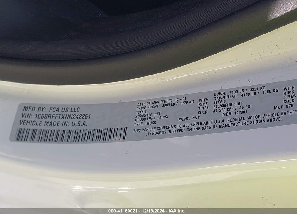 2022 RAM 1500 VIN: 1C6SRFFTXNN242251