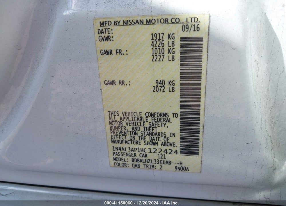 2017 NISSAN ALTIMA VIN: 1N4AL3AP1HC122424