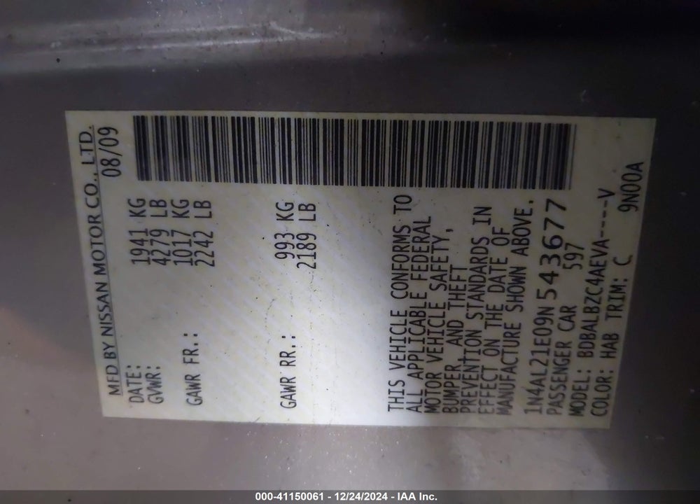 2009 NISSAN ALTIMA 2.5 S VIN: 1N4AL21E09N543677