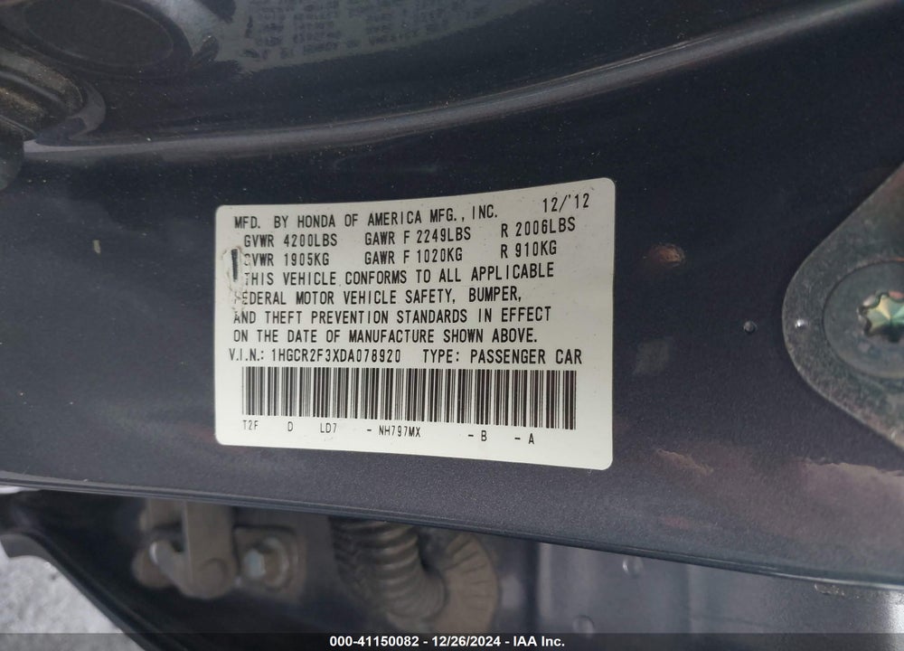 2013 HONDA ACCORD LX VIN: 1HGCR2F3XDA078920