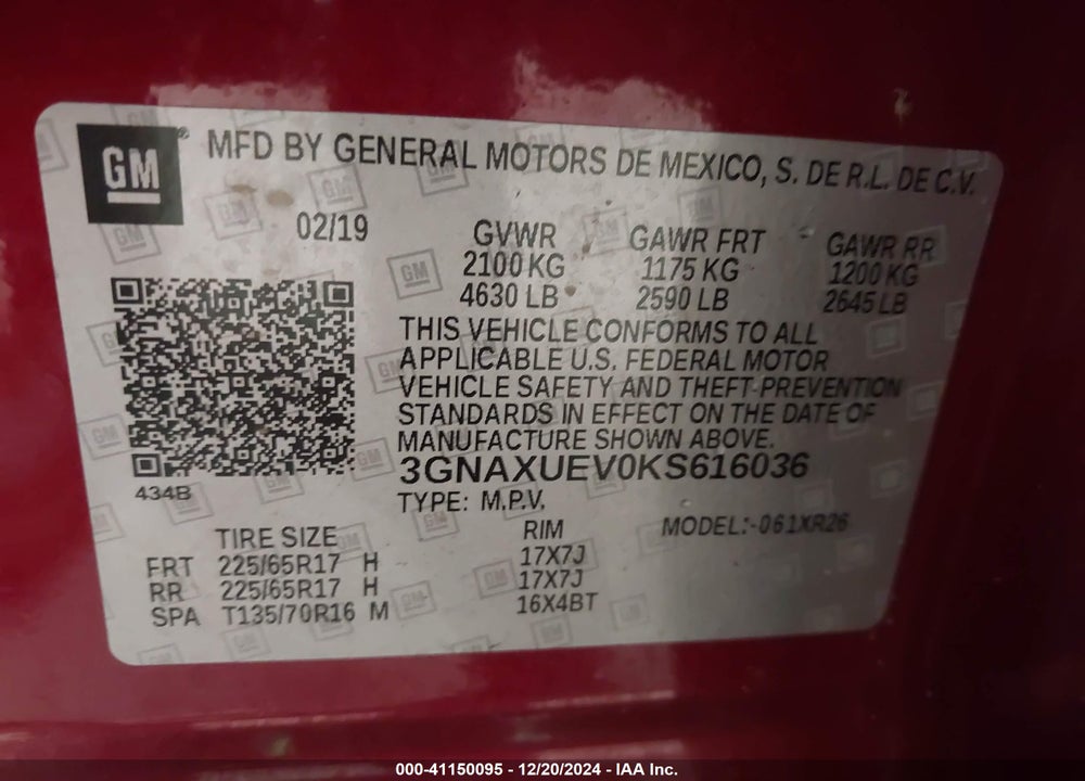 2019 CHEVROLET EQUINOX LT VIN: 3GNAXUEV0KS616036
