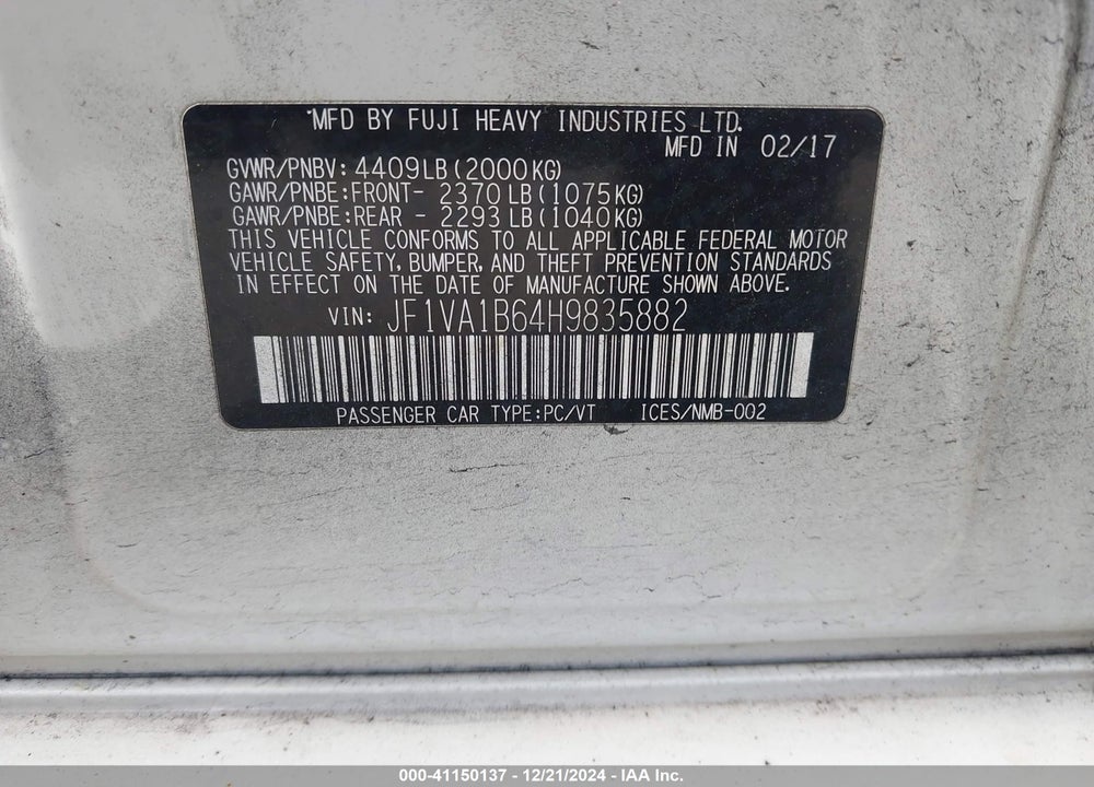 2017 SUBARU WRX VIN: JF1VA1B64H9835882