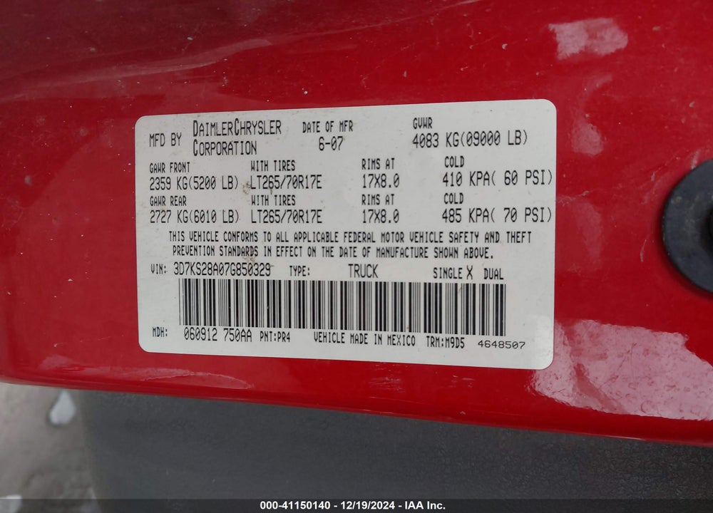 2007 DODGE RAM 2500 SLT/SPORT VIN: 3D7KS28A07G850329