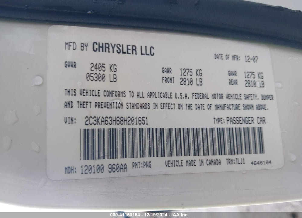 2008 CHRYSLER 300C VIN: 2C3KA63H68H201651
