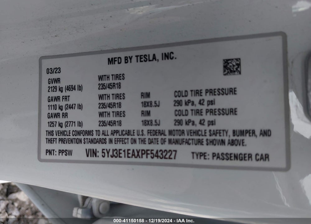 2023 TESLA MODEL 3 VIN: 5YJ3E1EAXPF543227