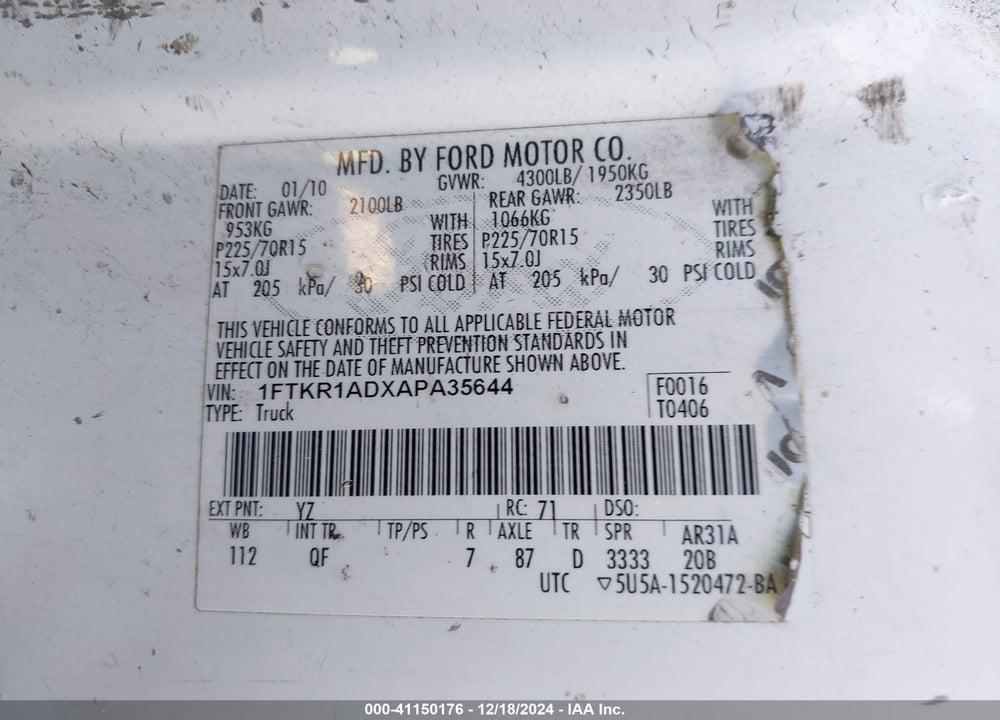 2010 FORD RANGER XL/XLT VIN: 1FTKR1ADXAPA35644