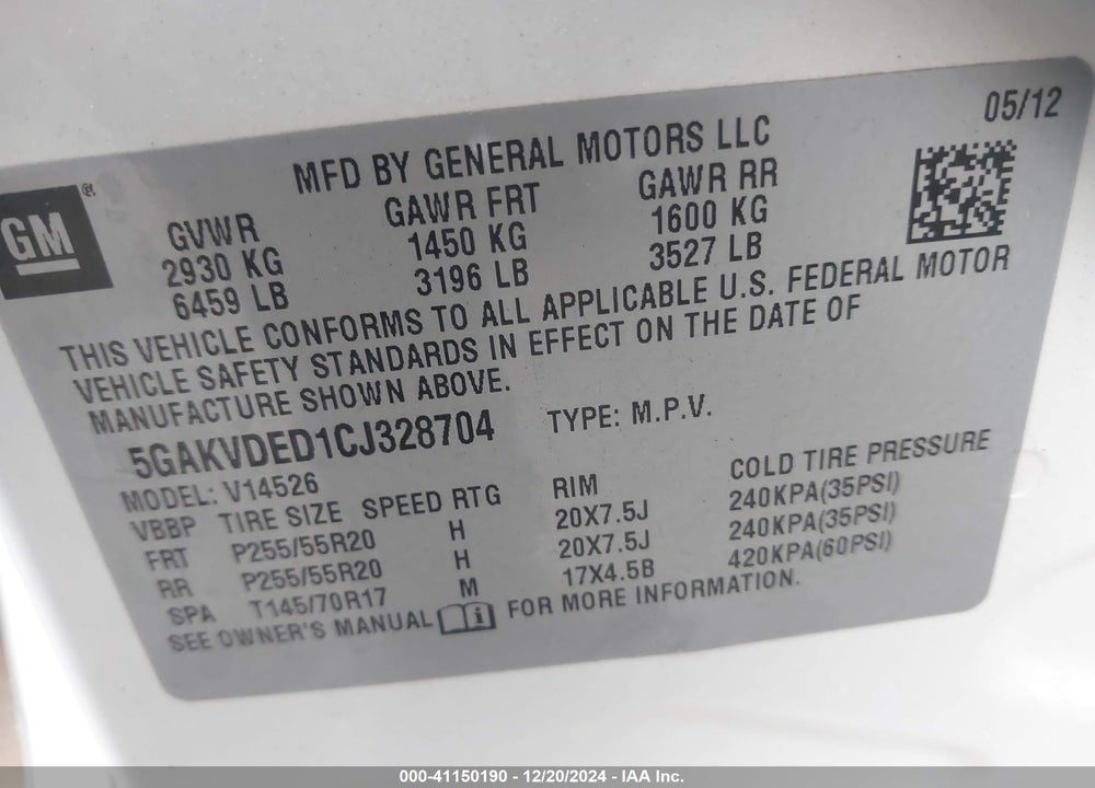 2012 BUICK ENCLAVE PREMIUM VIN: 5GAKVDED1CJ328704