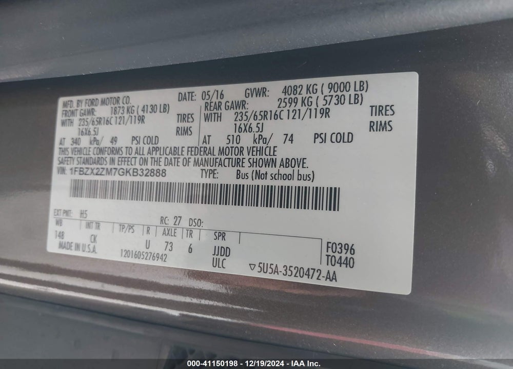 2016 FORD TRANSIT-350 XL VIN: 1FBZX2ZM7GKB32888