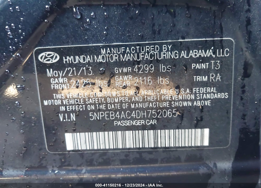 2013 HYUNDAI SONATA GLS VIN: 5NPEB4AC4DH752065