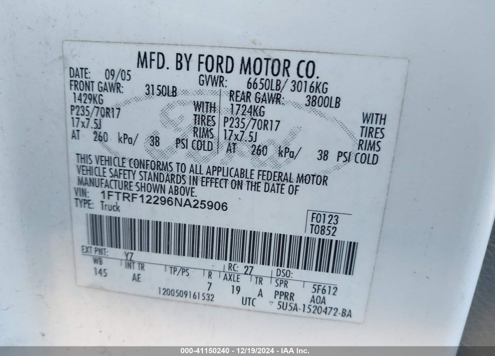 2006 FORD F-150 STX/XL/XLT VIN: 1FTRF12296NA25906