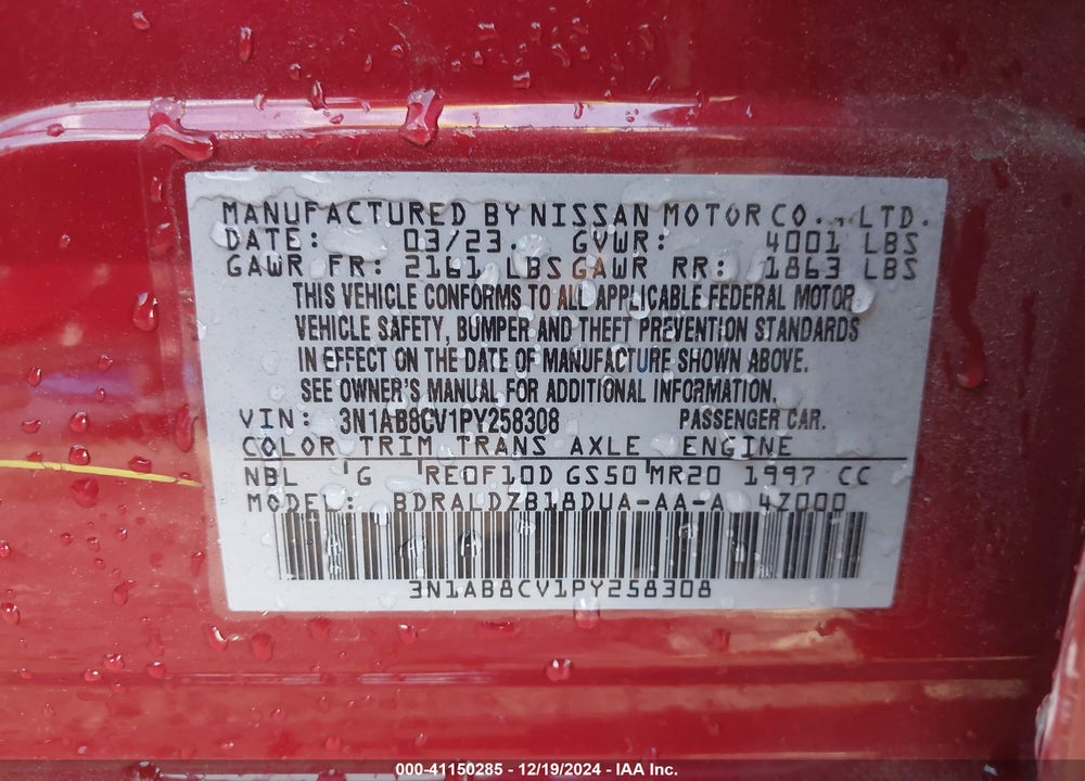 2023 NISSAN SENTRA VIN: 3N1AB8CV1PY258308