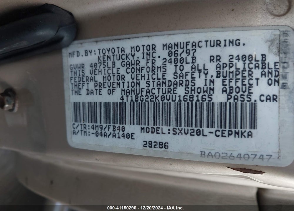1997 TOYOTA CAMRY LE VIN: 4T1BG22K0VU168165