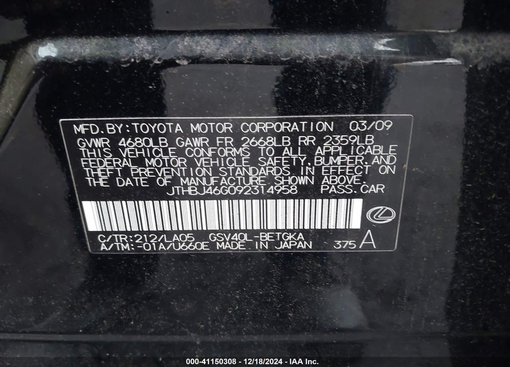 2009 LEXUS ES 350 VIN: JTHBJ46G092314958