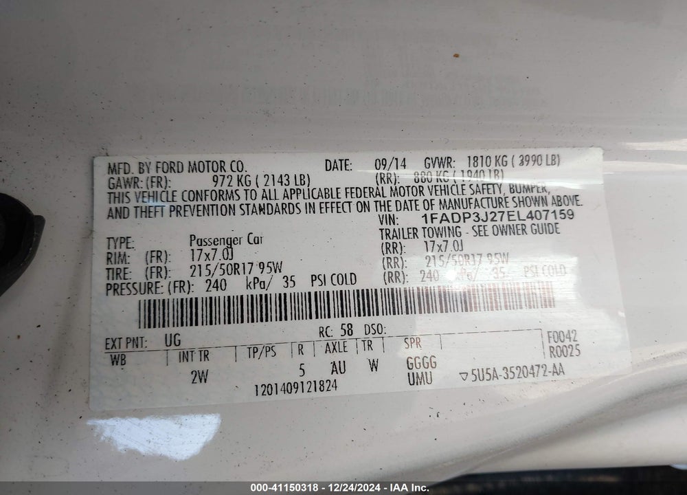 2014 FORD FOCUS TITANIUM VIN: 1FADP3J27EL407159