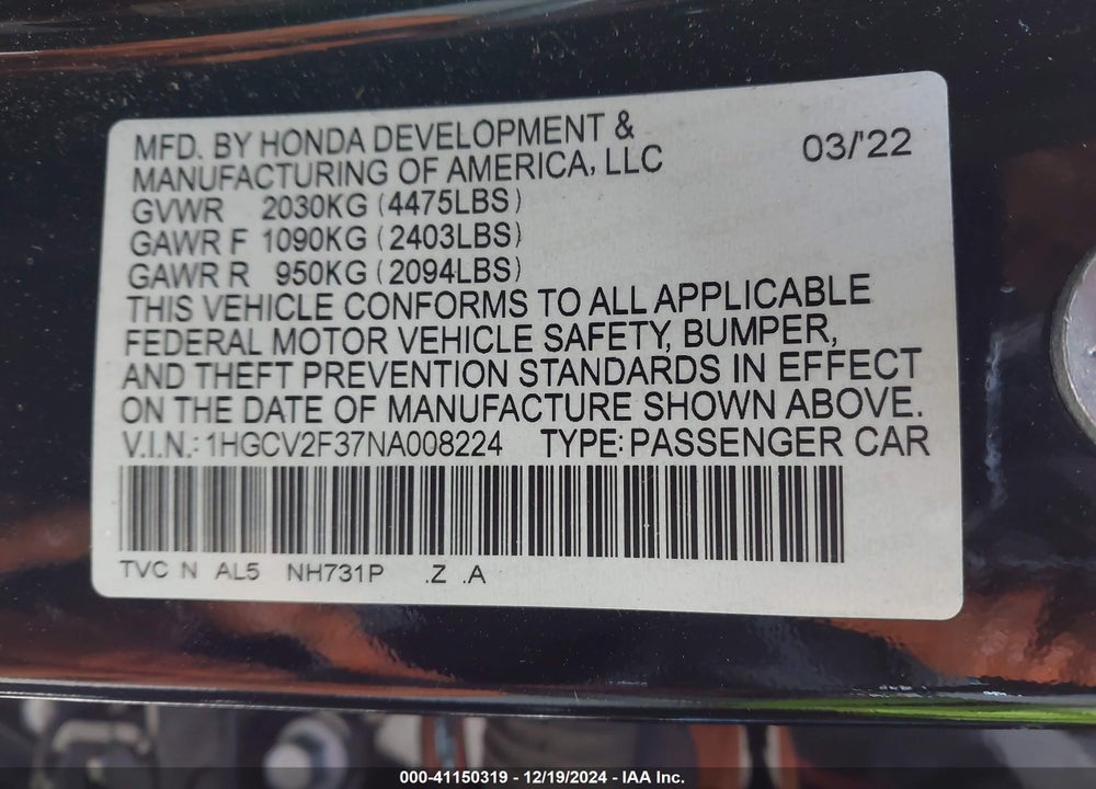 2022 HONDA ACCORD VIN: 1HGCV2F37NA008224