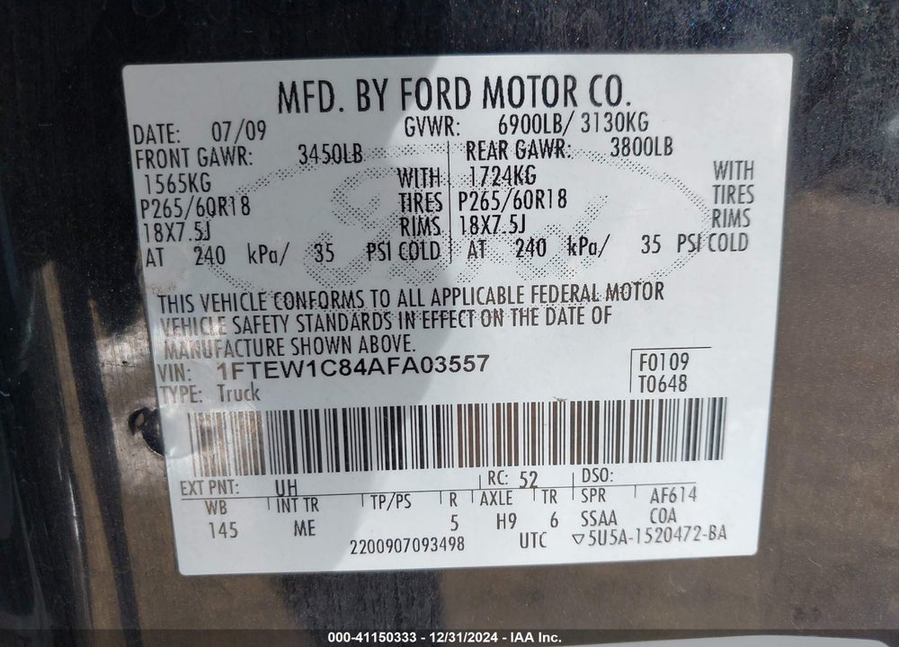 2010 FORD F-150 VIN: 1FTEW1C84AFA03557