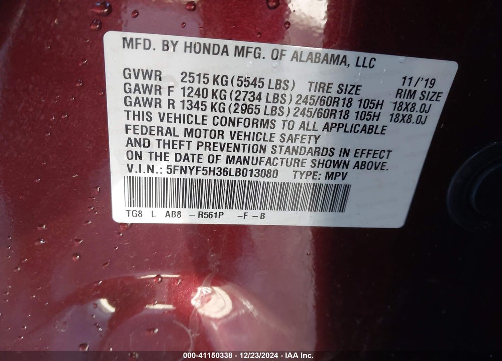 2020 HONDA PILOT VIN: 5FNYF5H36LB013080
