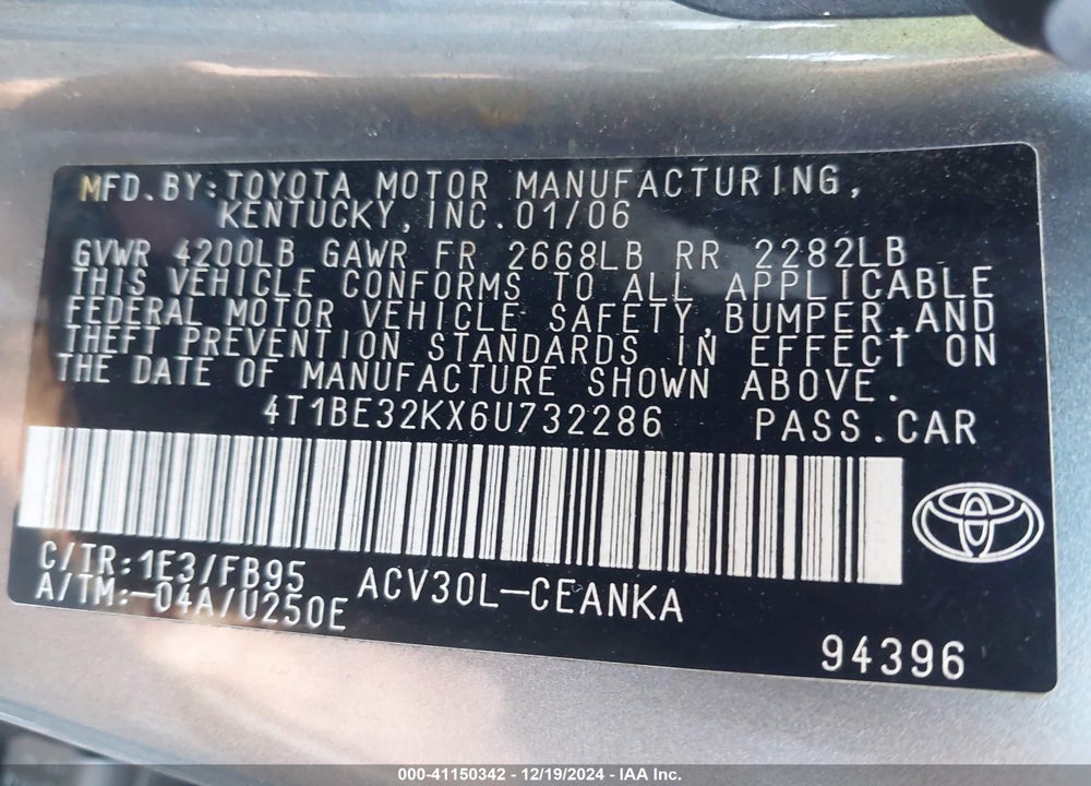2006 TOYOTA CAMRY LE VIN: 4T1BE32KX6U732286