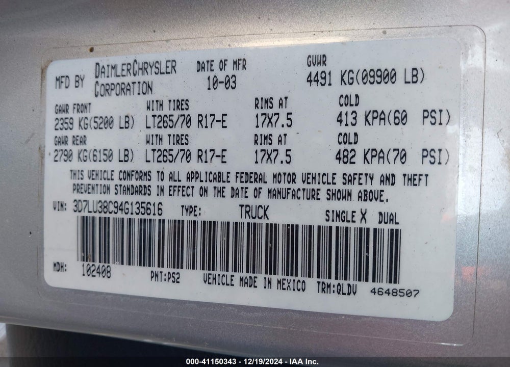 2004 DODGE RAM 3500 SLT/LARAMIE VIN: 3D7LU38C94G135616
