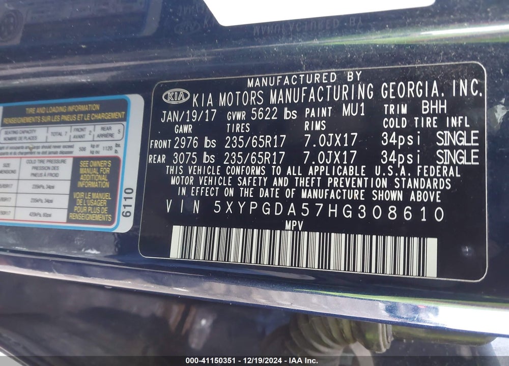 2017 KIA SORENTO 3.3L LX VIN: 5XYPGDA57HG308610