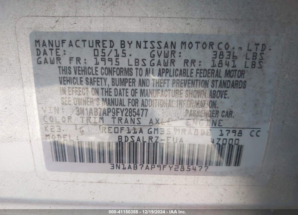 2015 NISSAN SENTRA SR VIN: 3N1AB7AP9FY285477