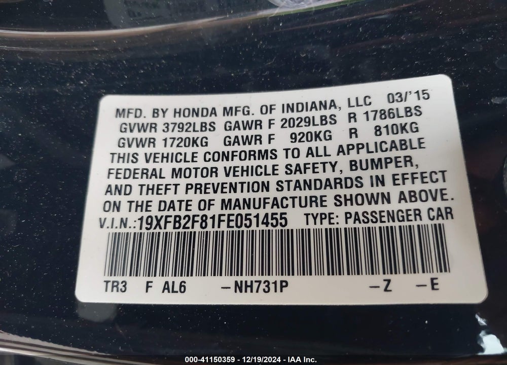 2015 HONDA CIVIC EX VIN: 19XFB2F81FE051455