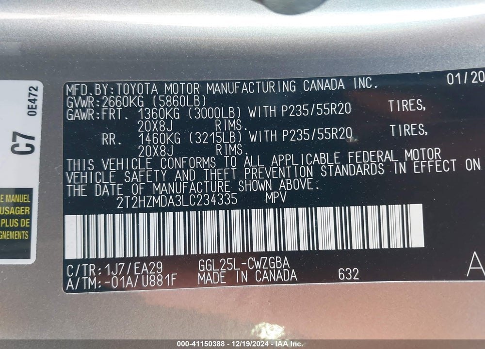 2020 LEXUS RX 350 VIN: 2T2HZMDA3LC234335