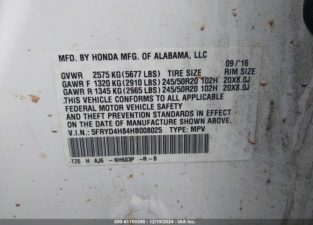 2017 ACURA MDX ADVANCE PACKAGE VIN: 5FRYD4H84HB008025