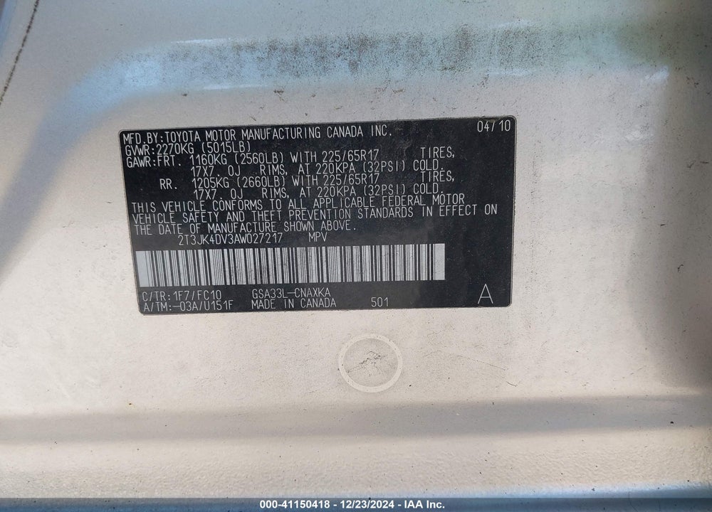 2010 TOYOTA RAV4 BASE V6 VIN: 2T3JK4DV3AW027217