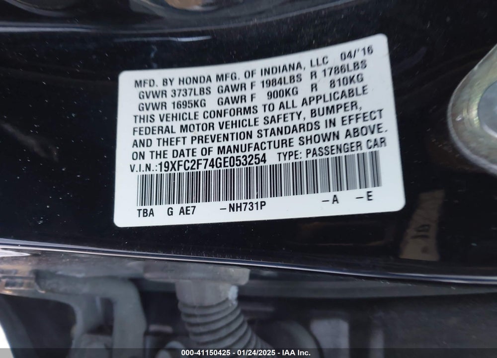 2016 HONDA CIVIC VIN: 19XFC2F74GE053254