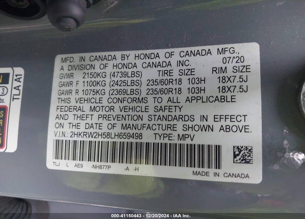 2020 HONDA CR-V AWD EX VIN: 2HKRW2H58LH659498