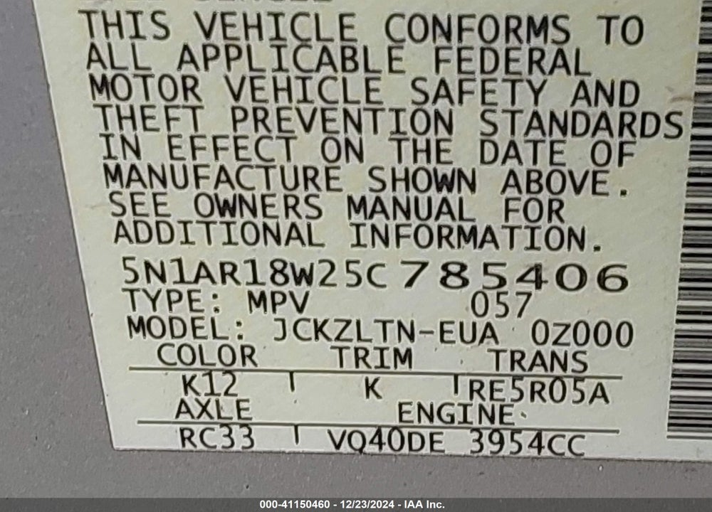 2005 NISSAN PATHFINDER SE VIN: 5N1AR18W25C785406