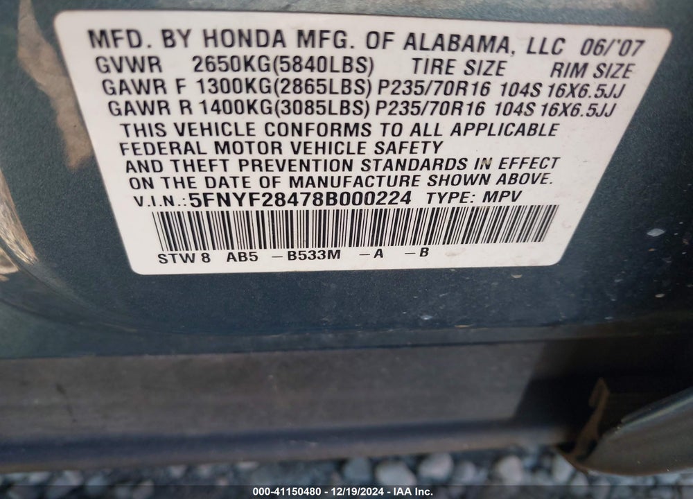 2008 HONDA PILOT EX VIN: 5FNYF28478B000224
