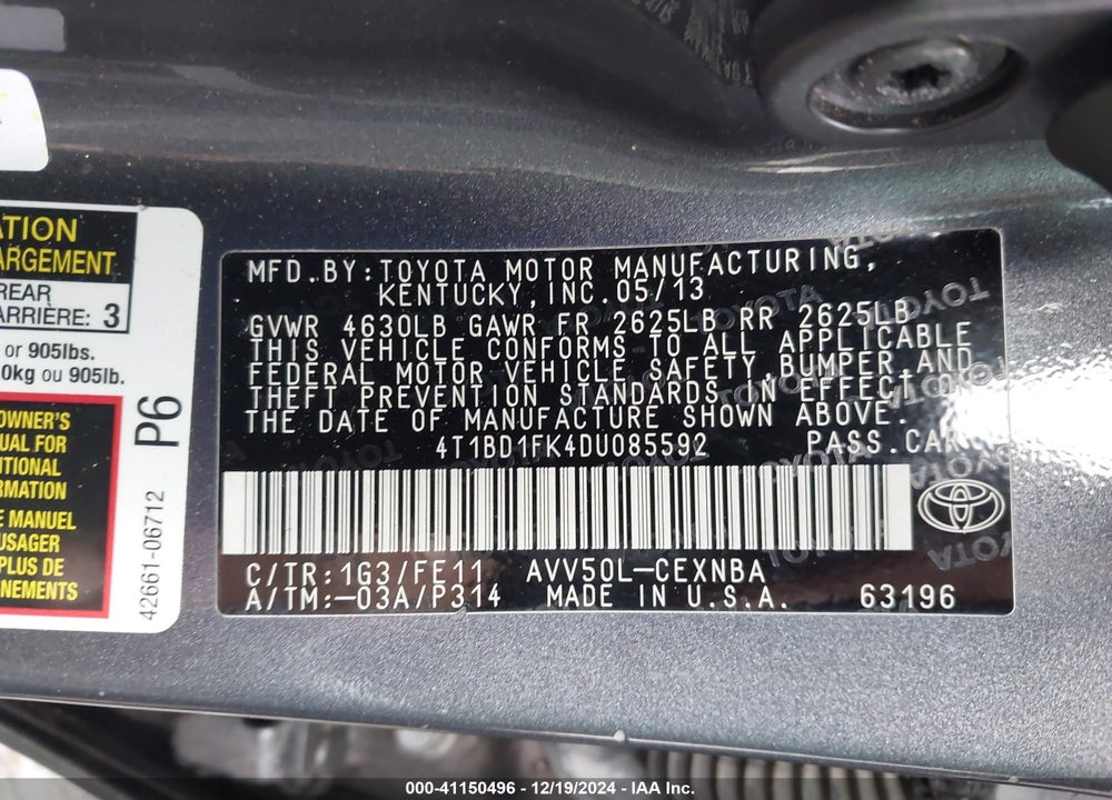 2013 TOYOTA CAMRY HYBRID VIN: 4T1BD1FK4DU085592
