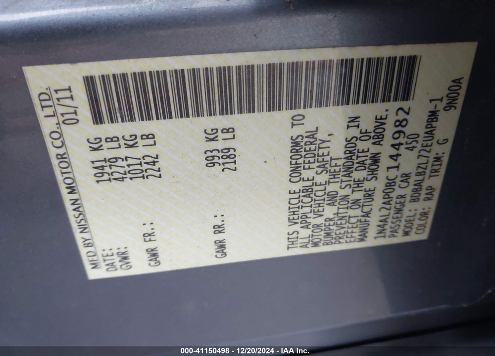 2011 NISSAN ALTIMA VIN: 1N4AL2AP0BC144982