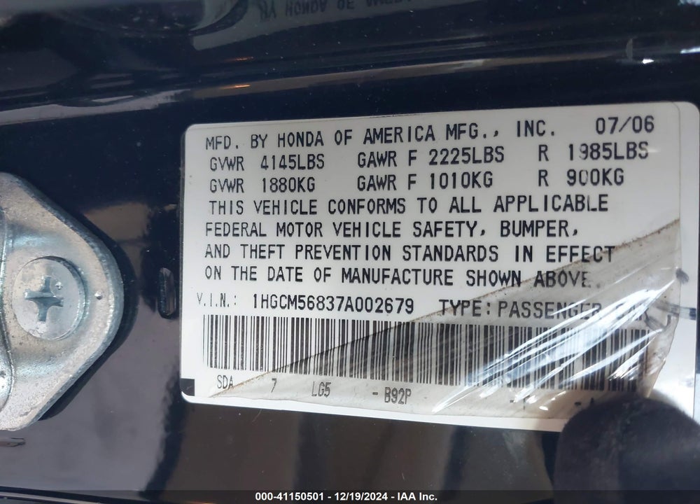 2007 HONDA ACCORD 2.4 EX VIN: 1HGCM56837A002679