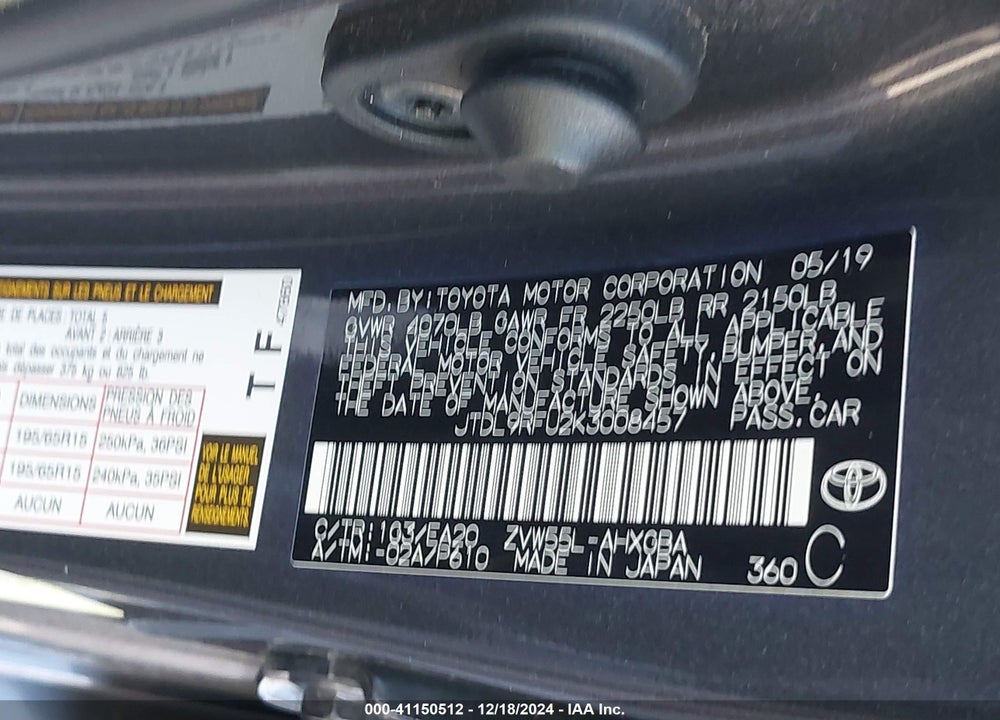 2019 TOYOTA PRIUS VIN: JTDL9RFU2K3008457