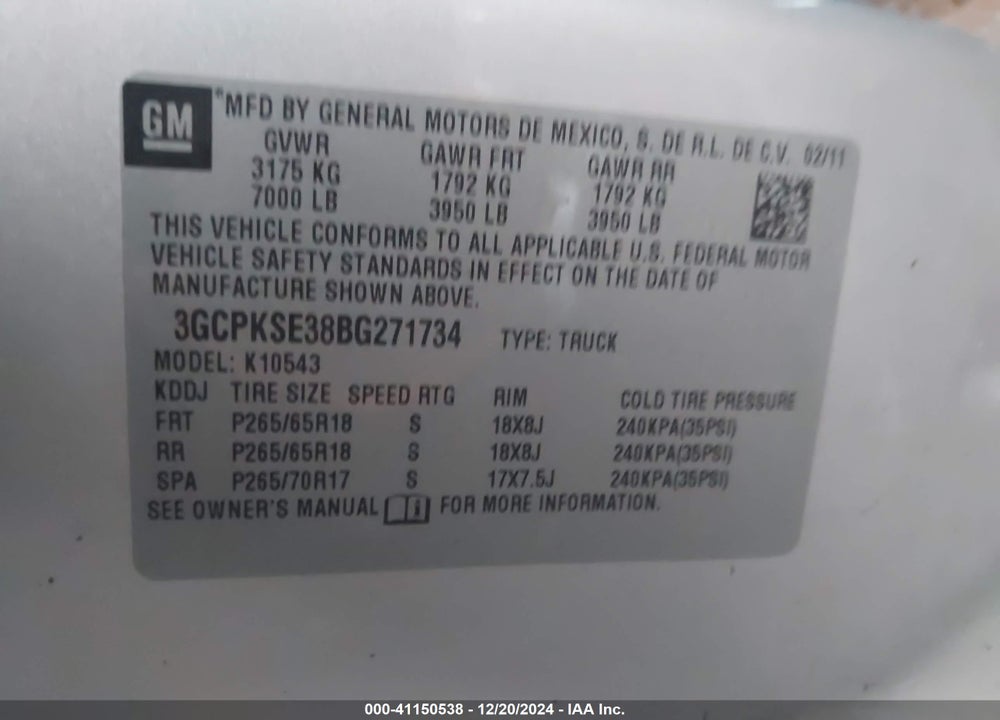 2011 CHEVROLET SILVERADO 1500 VIN: 3GCPKSE38BG271734