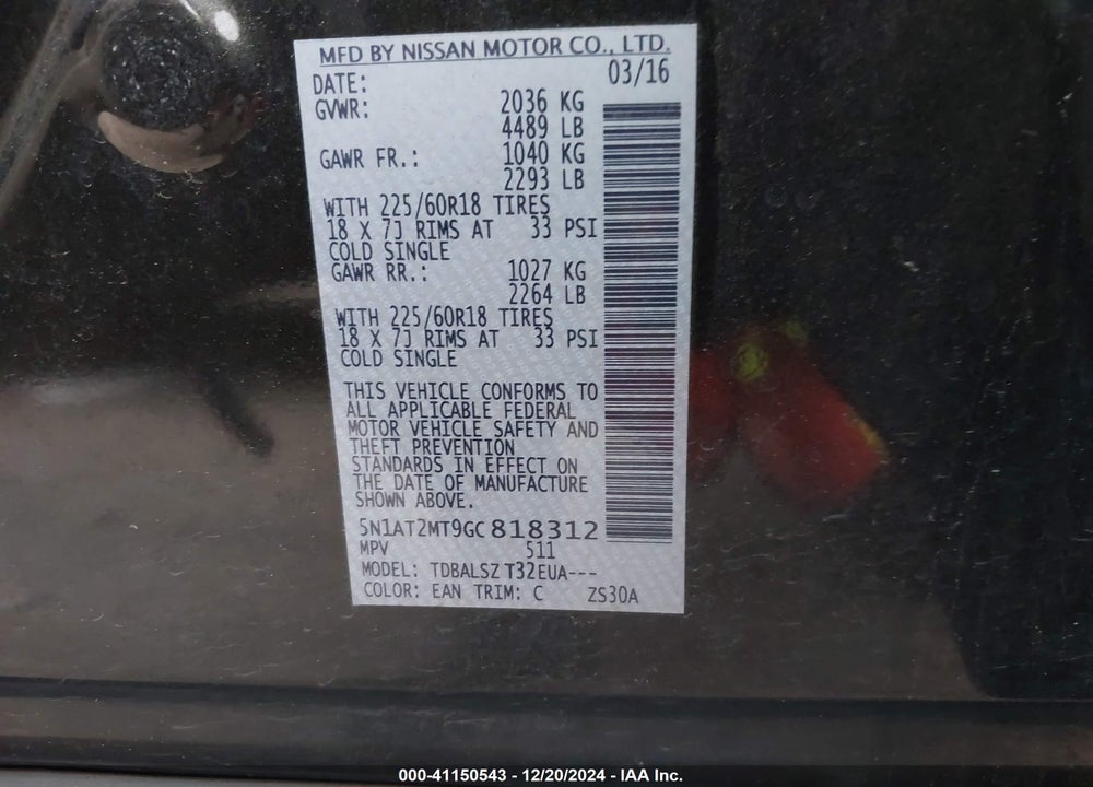2016 NISSAN ROGUE S/SL/SV VIN: 5N1AT2MT9GC818312