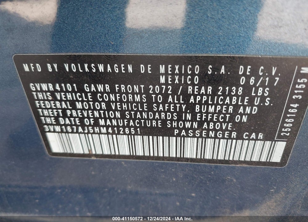 2017 VOLKSWAGEN JETTA 1.4T S VIN: 3VW167AJ5HM412651