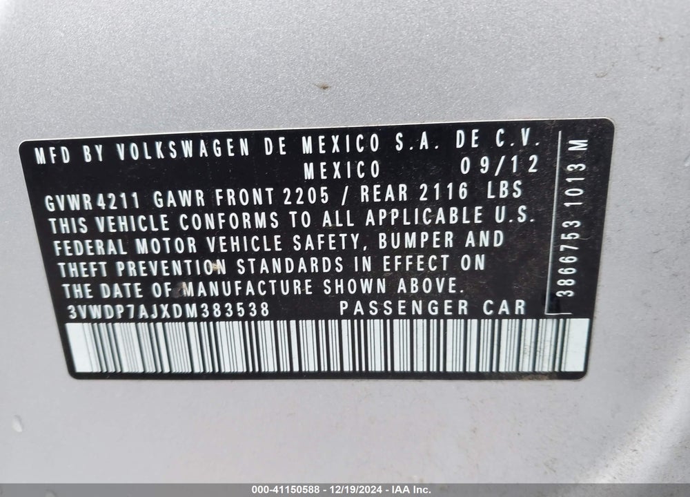 2013 VOLKSWAGEN JETTA 2.5L SE VIN: 3VWDP7AJXDM383538