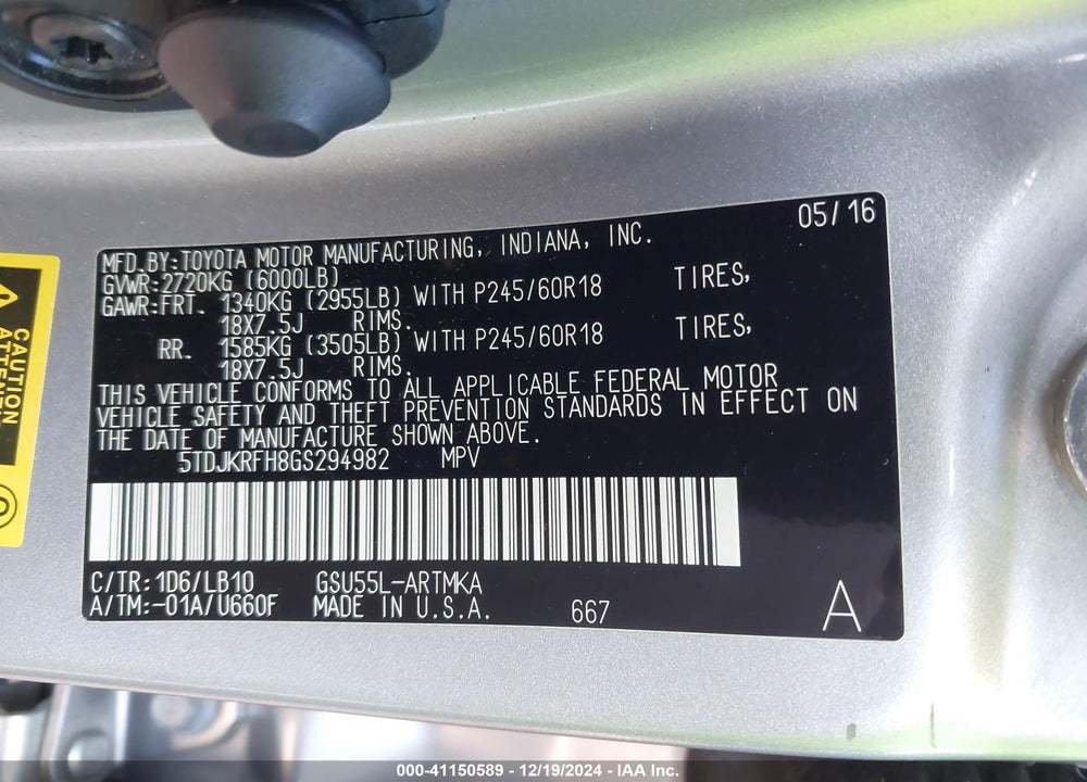 2016 TOYOTA HIGHLANDER XLE V6 VIN: 5TDJKRFH8GS294982