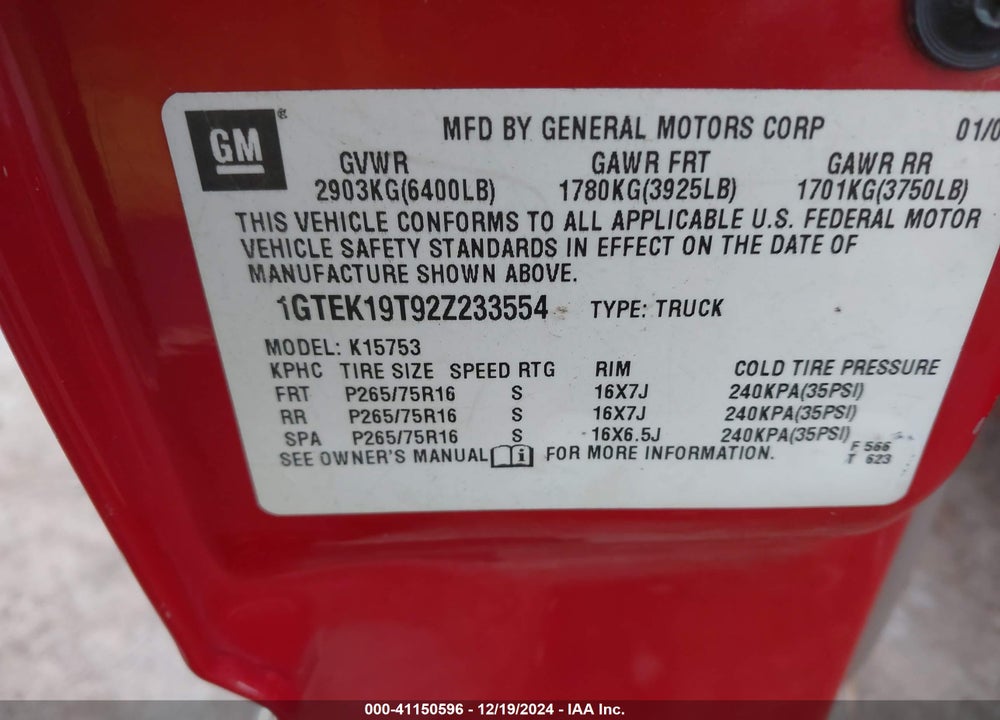 2002 GMC SIERRA 1500 SLE VIN: 1GTEK19T92Z233554