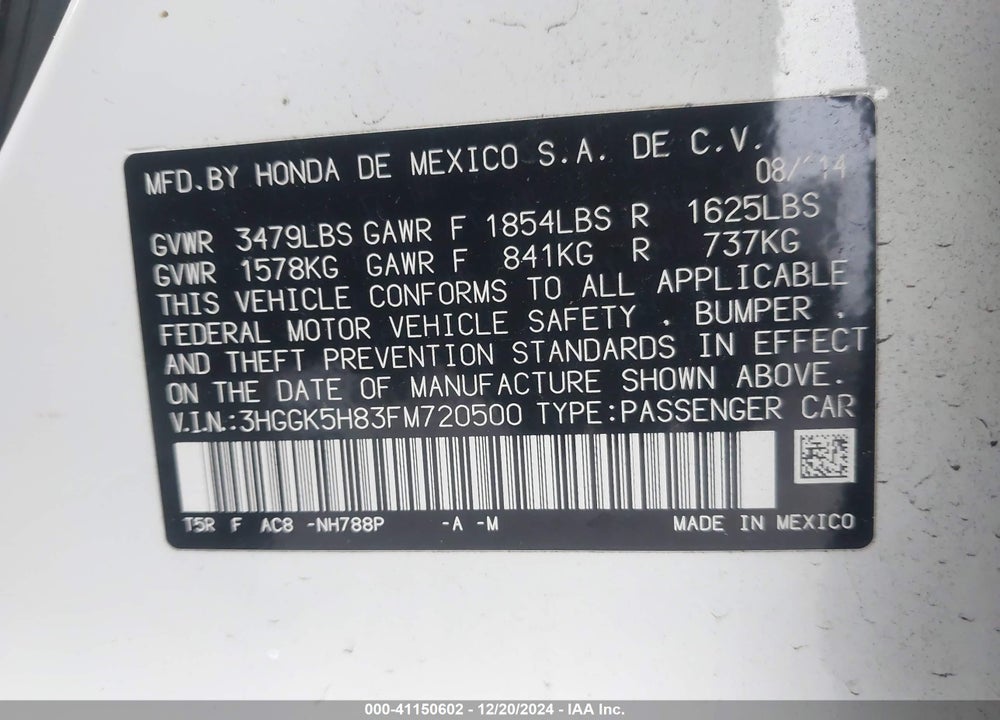 2015 HONDA FIT EX/EX-L VIN: 3HGGK5H83FM720500
