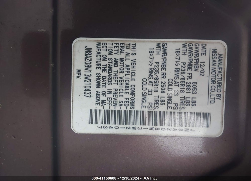 2003 NISSAN MURANO SE VIN: JN8AZ08W13W210437