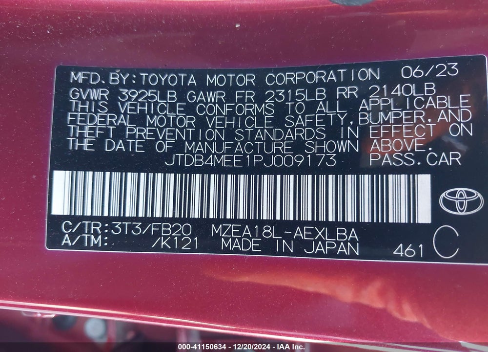 2023 TOYOTA COROLLA VIN: JTDB4MEE1PJ009173