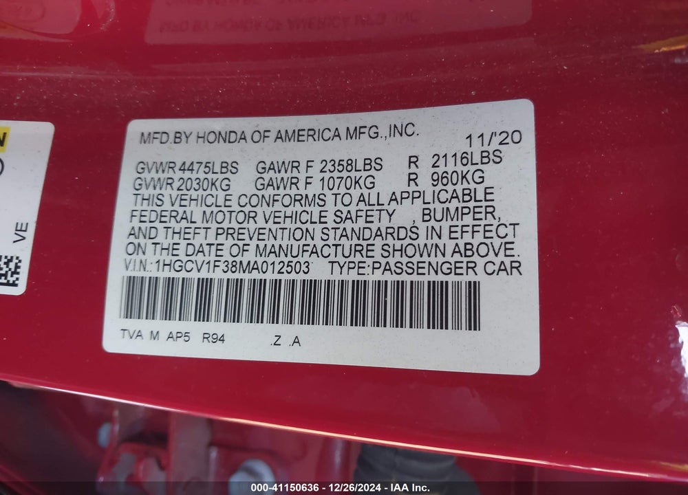2021 HONDA ACCORD SPORT VIN: 1HGCV1F38MA012503